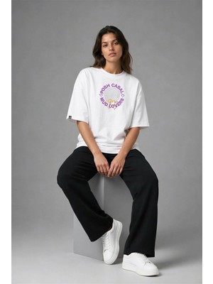 Posh Cabal F02095 Baskılı Oversize Beyaz Kadın T-Shirt