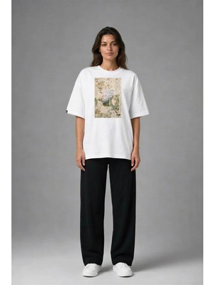 Posh Cabal F02102 Baskılı Oversize Beyaz Kadın T-Shirt