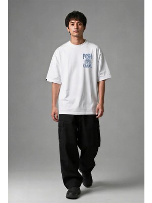 Posh Cabal G03093 Baskılı Oversize Beyaz Erkek T-Shirt
