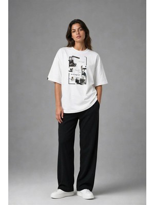 Posh Cabal F03139 Baskılı Oversize Beyaz Kadın T-Shirt