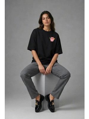 Posh Cabal G02020 Baskılı Oversize Siyah Kadın T-Shirt