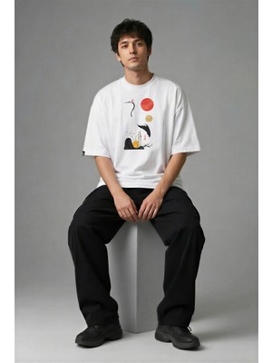 Posh Cabal F02075 Baskılı Oversize Beyaz Erkek T-Shirt