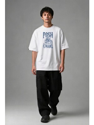 Posh Cabal F03063 Baskılı Oversize Beyaz Erkek T-Shirt