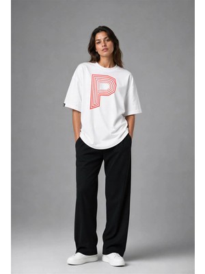 Posh Cabal F03001 Baskılı Oversize Beyaz Kadın T-Shirt