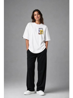 Posh Cabal G03096 Baskılı Oversize Beyaz Kadın T-Shirt