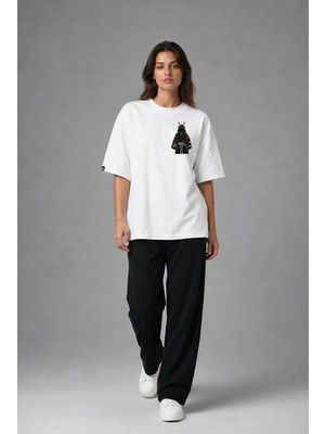 Posh Cabal G02128 Baskılı Oversize Beyaz Kadın T-Shirt