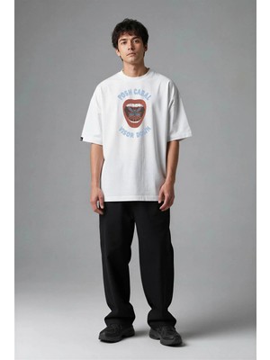 Posh Cabal F03092 Baskılı Oversize Beyaz Erkek T-Shirt