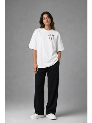Posh Cabal G02144 Baskılı Oversize Beyaz Kadın T-Shirt