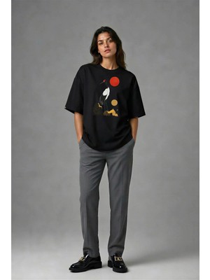 Posh Cabal F02076 Baskılı Oversize Siyah Kadın T-Shirt