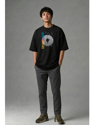 Posh Cabal F02066 Baskılı Oversize Siyah Erkek T-Shirt