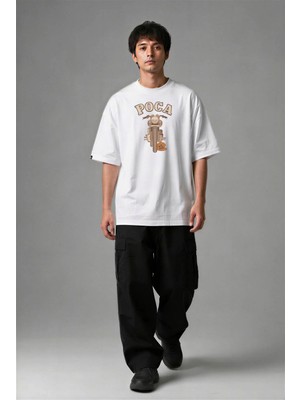 Posh Cabal F02078 Baskılı Oversize Beyaz Erkek T-Shirt