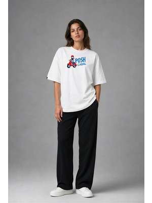Posh Cabal F02119 Baskılı Oversize Beyaz Kadın T-Shirt