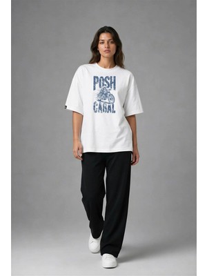Posh Cabal F03093 Baskılı Oversize Beyaz Kadın T-Shirt