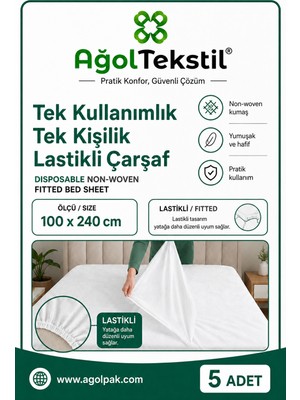 Ağol Tekstil Tek Kullanımlık Lastikli Çarşaf 100 x 240 cm Beyaz 5 Adet