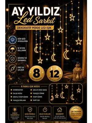 Maison Luré Ay Yıldız Perde LED Işık - 8 Mod, Dekoratif ve Işıltılı Masa ve Gece Lambası