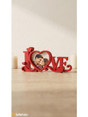 Bitenzo 3D Masaüstü Özel Tasarım "love" Yazılı Fotoğraf Çerçevesi - 3D Baskı Kırmızı Harfli Kıvrımlı ve Kalp Detaylı Hediyelik