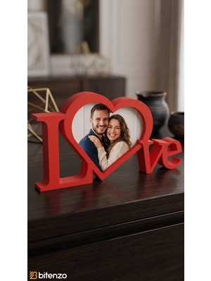 Bitenzo 3D "love" Yazılı Kalp Formlu Masaüstü Fotoğraf Çerçevesi - Kırmızı 3D Harfli Sevgiliye Hediye Resim Çerçevesi
