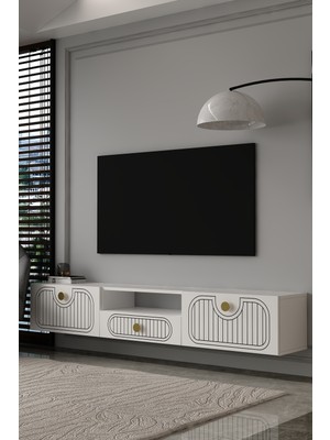 Dekortis Home Dekor 180DHDTDAÇ3 Hera Lazer Desenli Duvara Monte Tv Sehpası,ünitesi Beyaz-Altın