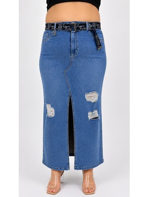 Zanessi Büyük Beden  Denim Kemerli Yırtmaçlı  Kalem Etek