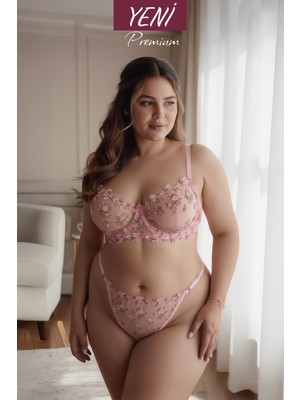 Valunor Floral Pudra Pembe Plus Size Büyük Beden C Cup Çiçekli Seksi Iç Giyim Takımı