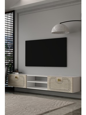 Dekortis Home Dekor 180DHDTDAR3BTA Hera Lazer Desenli Duvara Monte Tv Sehpası,ünitesi Beyaz-Traverten-Altın