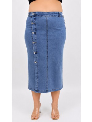 Zanessi Büyük Beden  Denim Düğmeli Kalem Etek