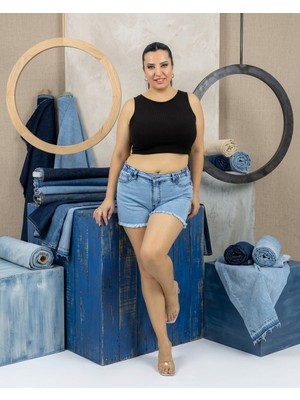 Zanessi Büyük Beden Lastikli Yüksek Bel Püsküllü Kısa Denim Cepli Kadın Şort