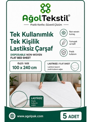 Ağol Tekstil Tek Kullanımlık Lastiksiz Çarşaf 100 x 240 cm Beyaz 5 Adet
