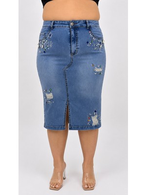 Zanessi Büyük Beden  Denim Taşlı Kalem Etek