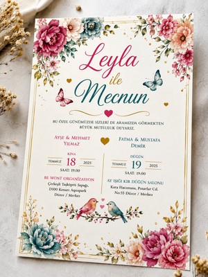 Kişiye Özel 10X15 cm Çiçek Desenli Davetiye ve Özel Tasarım Zarflı Davet Seti | Nişan - Düğün - Nikah - Söz 100 Adet