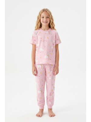 Alkın Kids 3-13 Yaş Kız Çocuk Gökkuşağı Desenli %100 Pamuklu Kısa Kollu Pijama Takımı