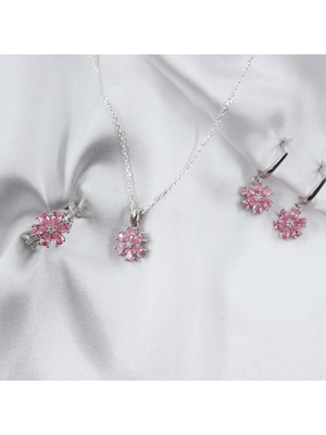 Gezer Kuyumculuk Lotus Çiçeği Gümüş Takı Seti, Pembe Takı Seti, Yüzük - Küpe - Kolye Set