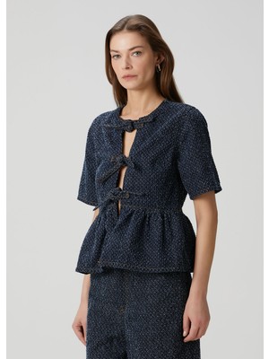 Ganni Lacivert Fiyonk Detaylı Denim Bluz