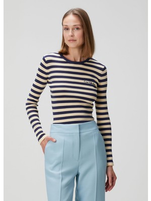 Chez Valentino Lacivert Çizgili Uzun Kol T-Shirt