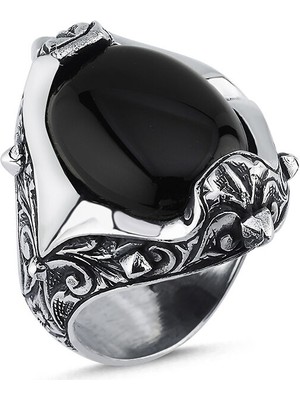 Boga Engraved Oval Stud Gs Erkek Gümüş Yüzük