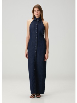 7 For All Mankind Koyu Mavi Maksi Denim Elbise