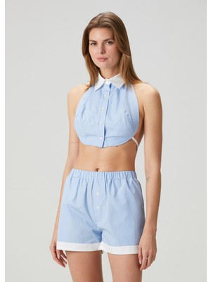 Mavi Beyaz Çizgili Crop Bluz