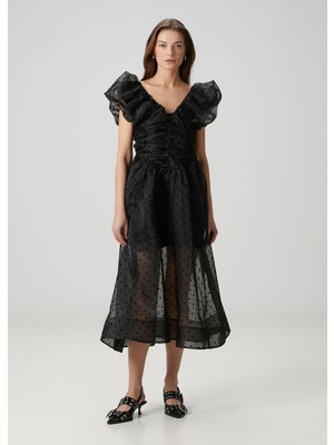 Ganni Siyah Midi Organza Elbise
