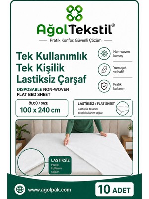 Ağol Tekstil Tek Kullanımlık Lastiksiz Çarşaf 100 x 240 cm Beyaz 10 Adet