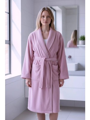 Erca Home Tekstil Ürünleri %100 Pamuklu Bornoz / Pembe Şal Yaka
