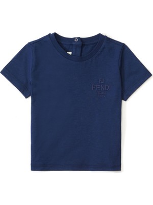 Fendi Lacivert Logo Nakışlı Unisex Bebek T-Shirt