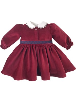 Littleku Bordo Kadife Nakışlı Uzun Kollu Kız Bebek Elbise