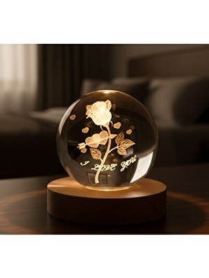 Maison Luré Romantik 3D Kristal Gül Küre ile I Love You Yazılı Dekorasyon Masa ve Gece Lambası