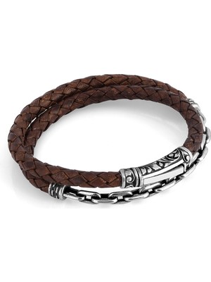 Boga Arc Chain Leather Erkek Gümüş Bileklik