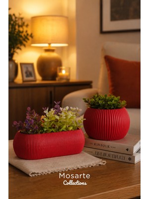Mosarte Atelier Red Series 2 - Modern Kırmızı Vazo & Heykel Seti - Kırmızı Renk