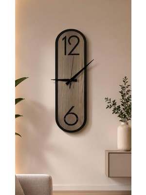 Nera Tasarım Dekoratif Ahşap Dikey Duvar Saati Modern Minimalist Sessiz Mekanizmalı Salon Ofis 18X50CM
