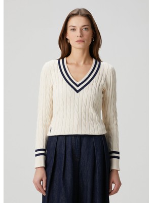Lauren Ralph Lauren Krem Lacivert Saç Örgü Kazak