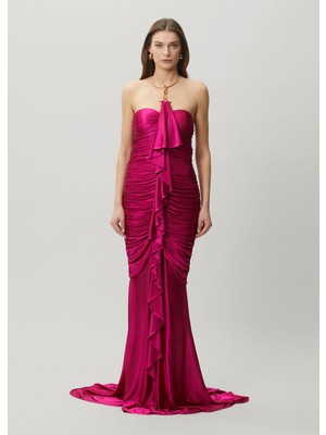 Balmain Pembe Drapeli Maksi Abiye Elbise
