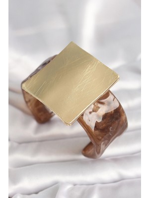Nacario Mey Ithalat® Kahverengi Mermer Desen Akrilik Plastik Gold Kare Plaka Model Vintage Kadın Bilezik