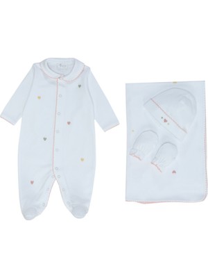 Princess Baby Beyaz 4lü Kalp Nakışlı Kız Bebek Hediye Seti